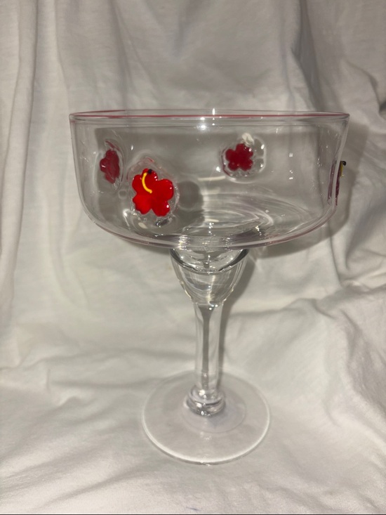 Other - Hand-Blown Margarita Glass with Red Flower Accents Icon glass